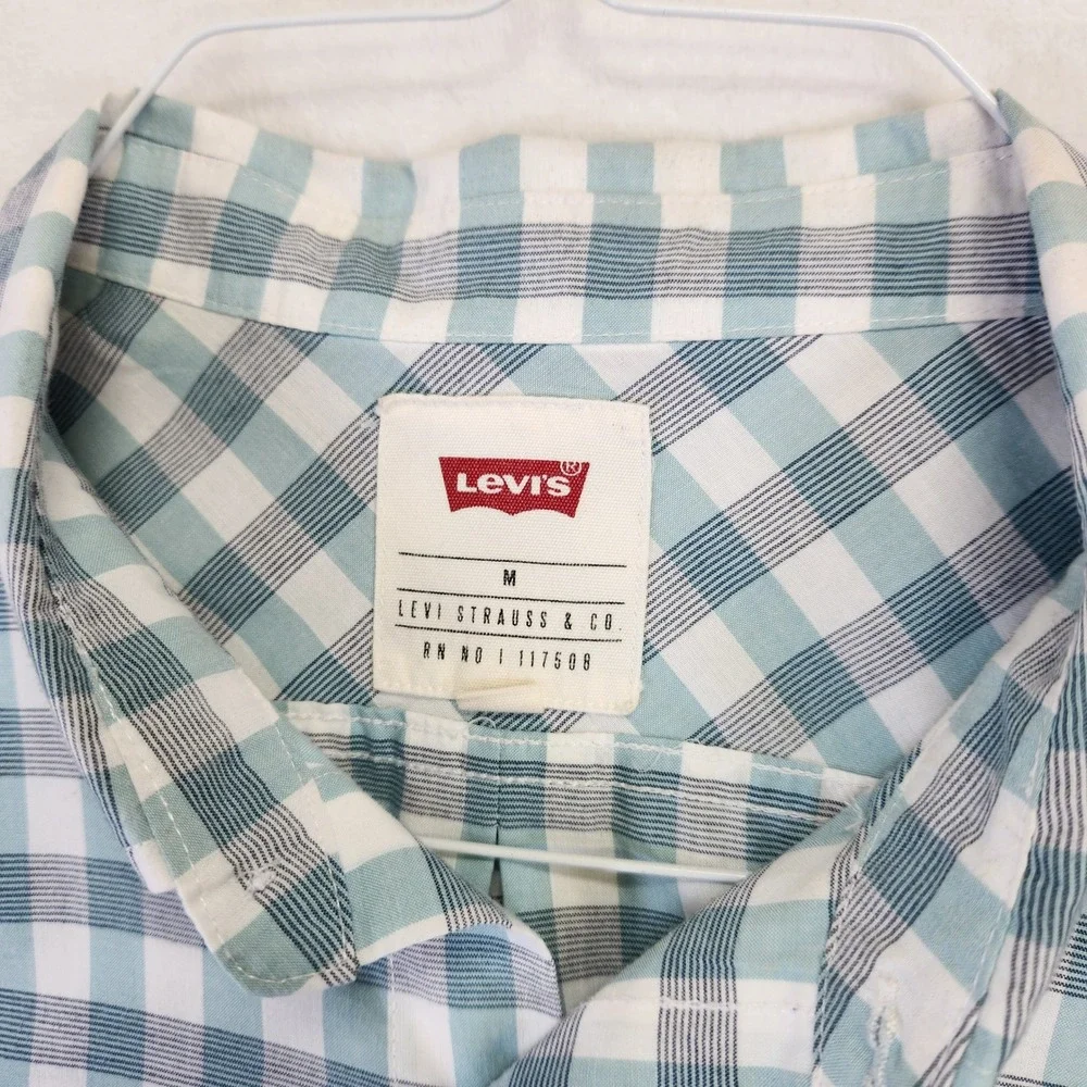 Levis Mens Short Sleeve Button Down Shirt Teal White Gingham Plaid‎ Size M